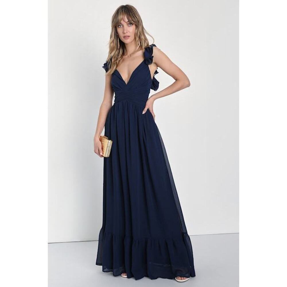 Lulus Soiree Celebration Navy Blue Ruffled Lace-up Maxi Dress - Size L